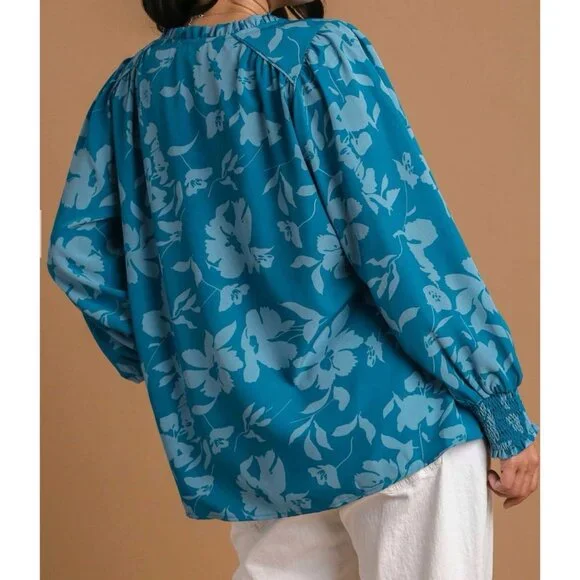 Umgee Blue Teal Floral Notch Neck Balloon Sleeve Tassel Blouse Top New Size S - Picture 2 of 12